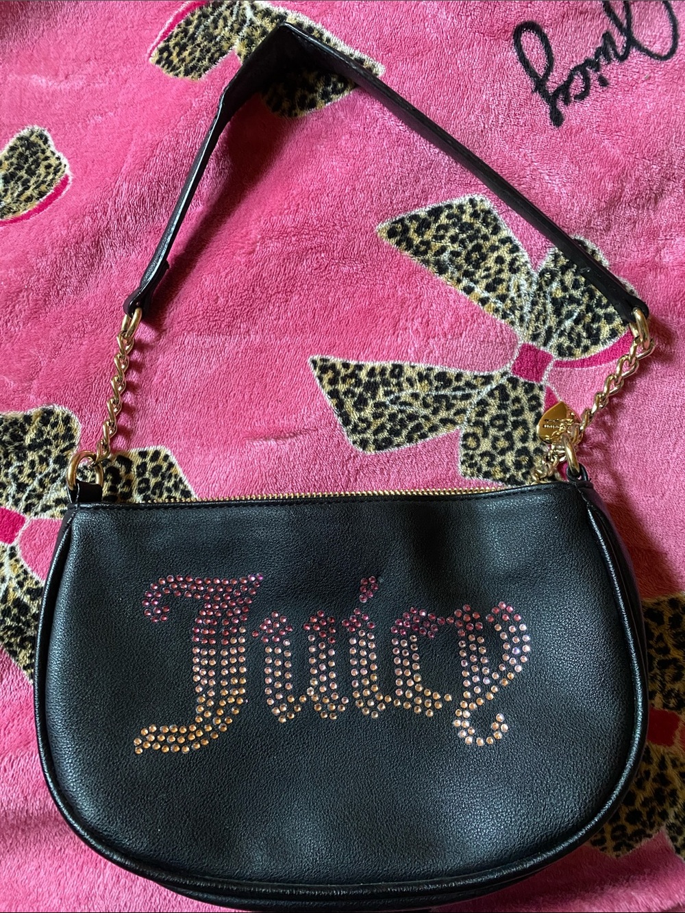 Juicy Couture Black Shoulder Bag with Pink Crystal Logo and Gold Chain Strap